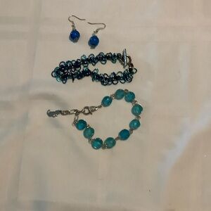 Blue Glass Bead Bracelet and Earring Set - Turquoise and Navy